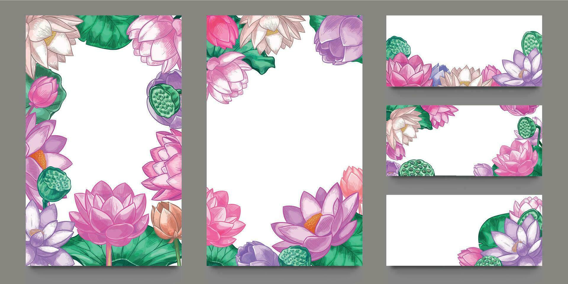 Lotus banners. Floral composition pink lotus flowers and green leaves with lettering romantic greeting cards, wedding invitation vector set