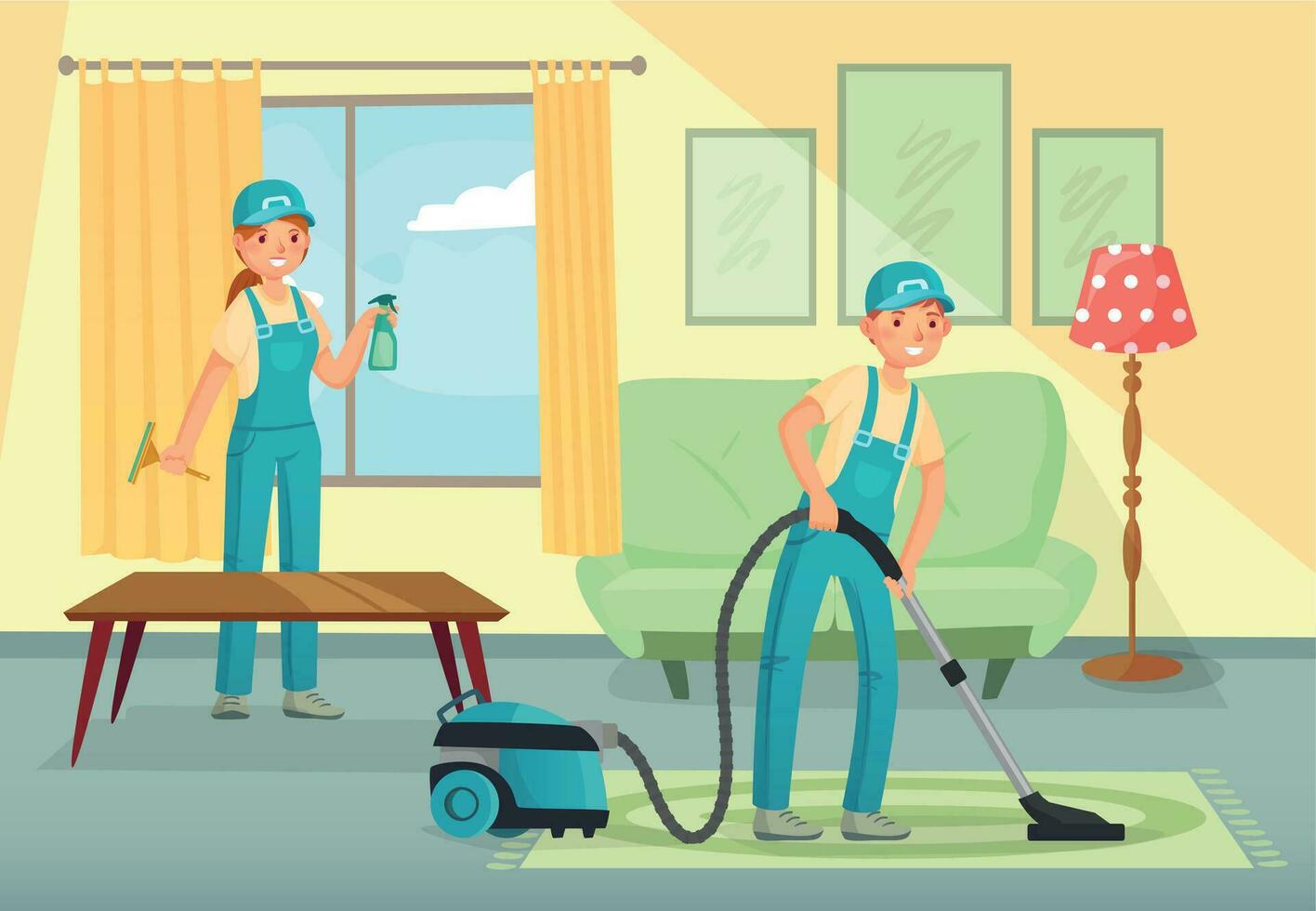 Professional cleaning workers cleaning living room. Man and woman characters, cleaning company staff vector