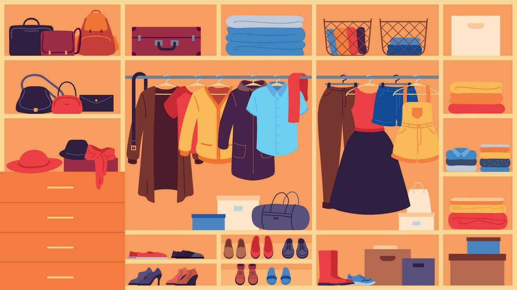 armario. interior espacio armario, estantería y perchas con ropa, Zapatos y accesorios, organización y almacenamiento ropa plano vector conjunto