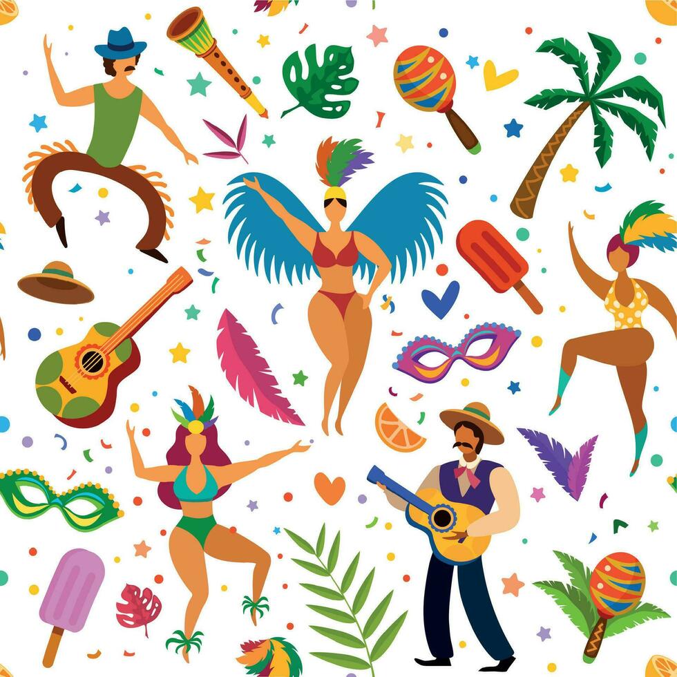 Brazilian carnival seamless pattern. Dancers and maracas, palm tree, masks and feathers, latino dance festival wallpaper vector texture