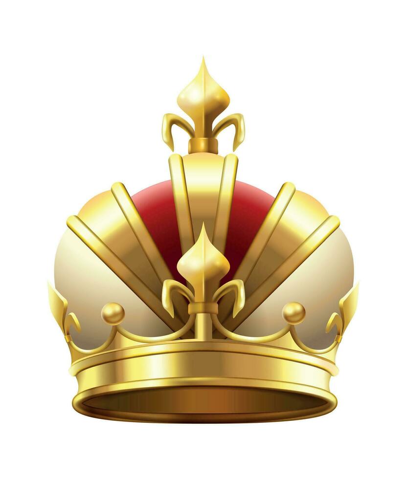 Realistic royal crown. Classic king or prince golden accessory for coronation. Luxury authority logo vector