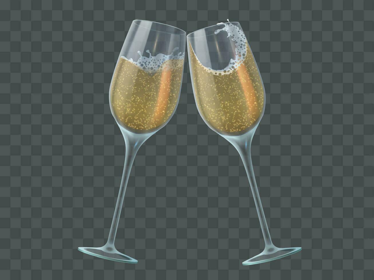 Two champagne glasses. Toast of wineglasses with sparkling transparent white wine and bubbles. Christmas, new year isolated vector elements