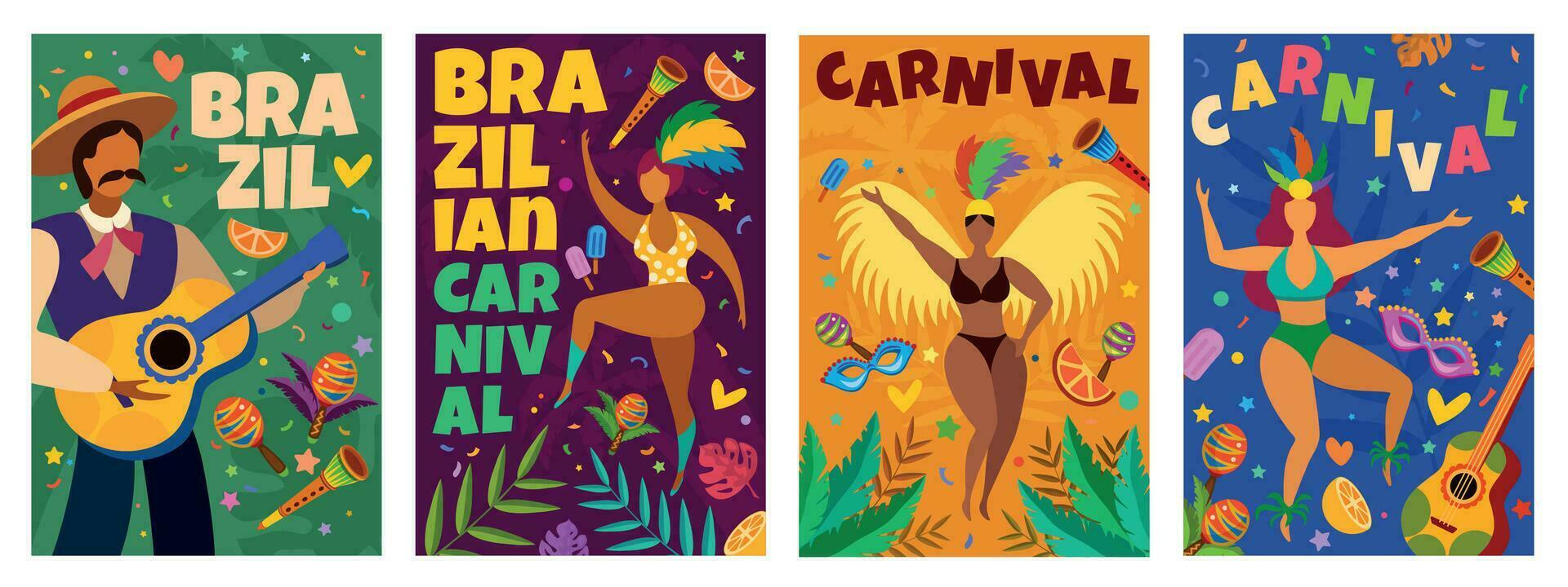 brasileño carnaval. bandera con mascarada latino elementos danza desfile, bailarines y músicos, papel picado, mascaras y plumas vector carteles