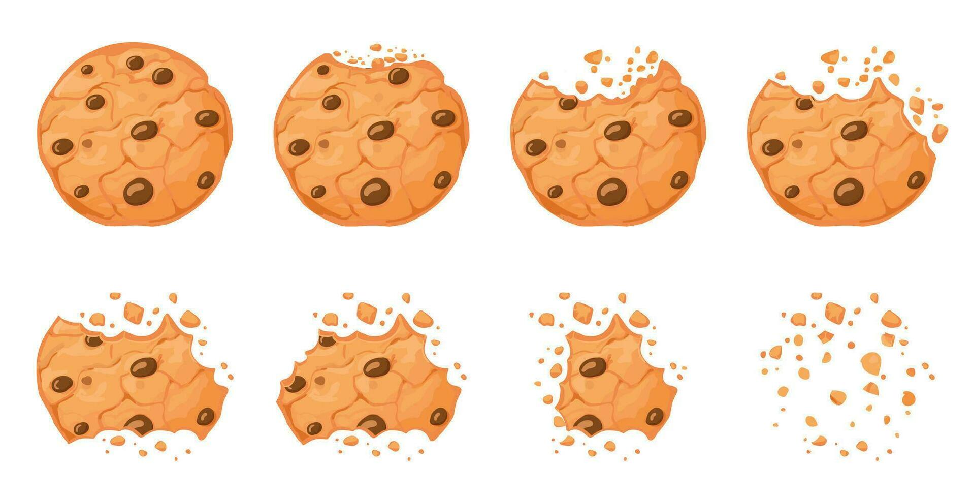 Bitten chocolate chip cookie. Crunch homemade brown biscuits broken with crumbs. Cartoon baked round choco cookies bite animation vector set