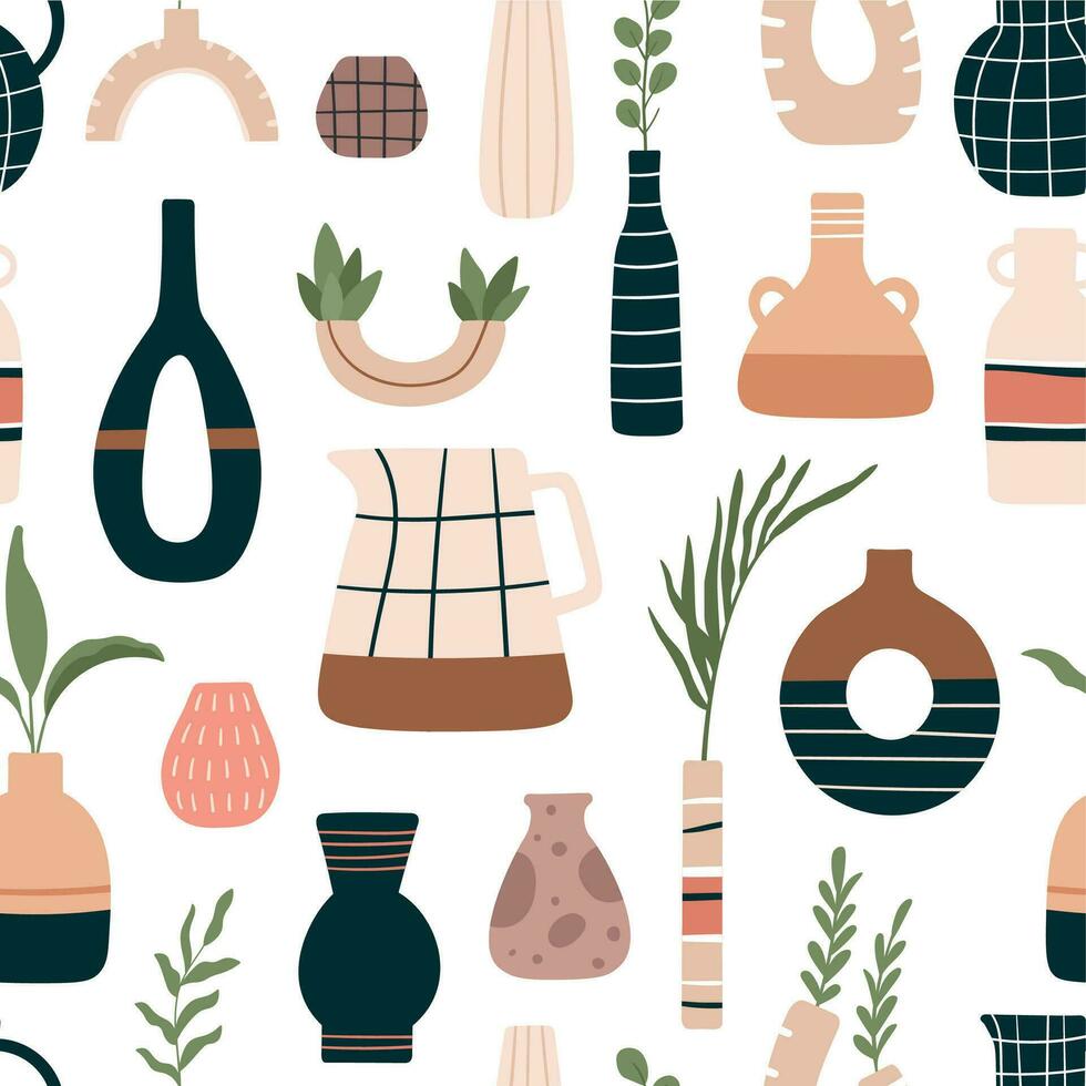 Vase seamless pattern. Ceramic vases, jugs and jars with tropical leaves in modern scandinavian style. Beautiful floral pottery vector decor