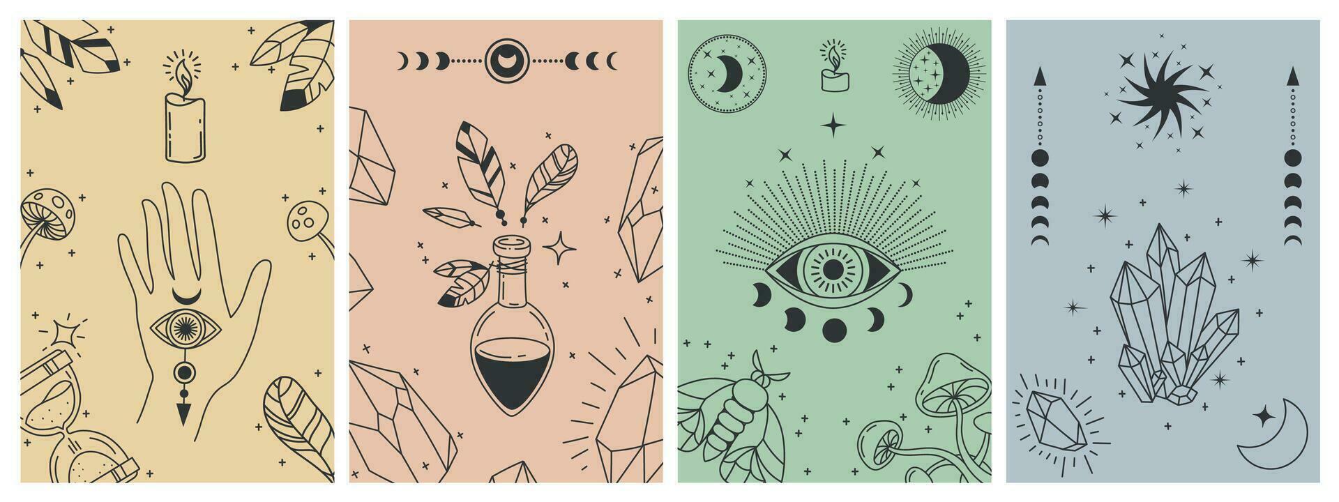 Mystical boho posters. Esoteric line prints with astrology symbols, crystals, potion, evil eye and occult hand. Tarot card vector concepts