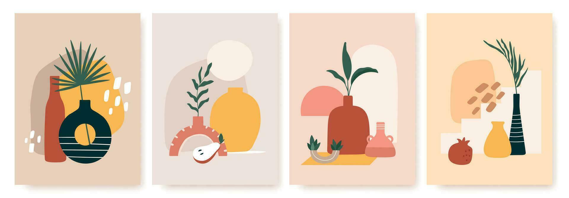 Abstract posters with vases. Trendy still life collage with pot, fruit, vase and tropical palm leaf. Hand drawn minimalist shape vector set