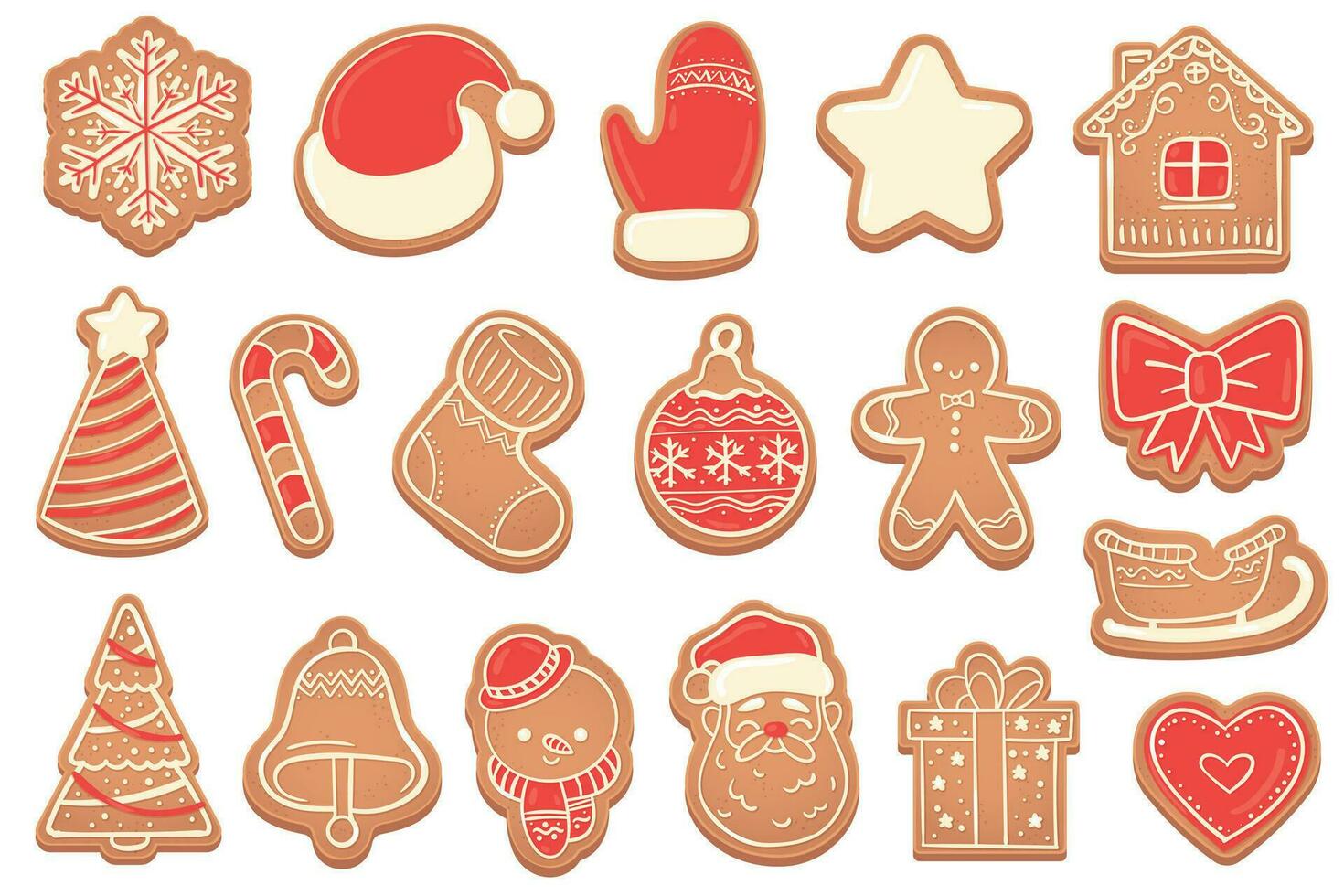 pan de jengibre. Navidad galletas nuevo años campana, Navidad árbol, copos de nieve y estrella, Papa Noel y muñeco de nieve, pan de jengibre hombre y casa vector conjunto