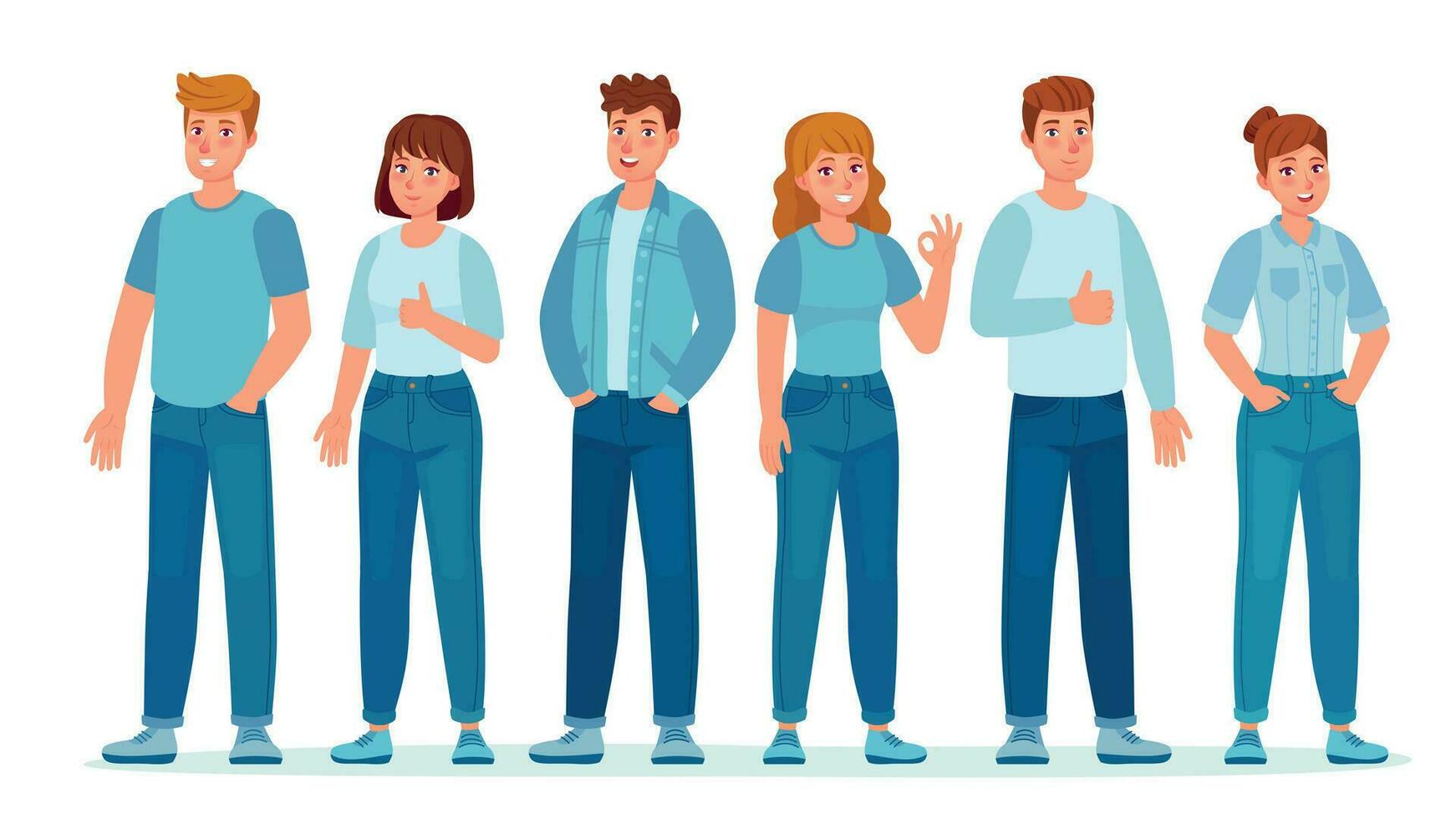 Group of people in jeans. Students in casual denim clothes standing together. Young women and men. Teenagers in jean pants vector concept