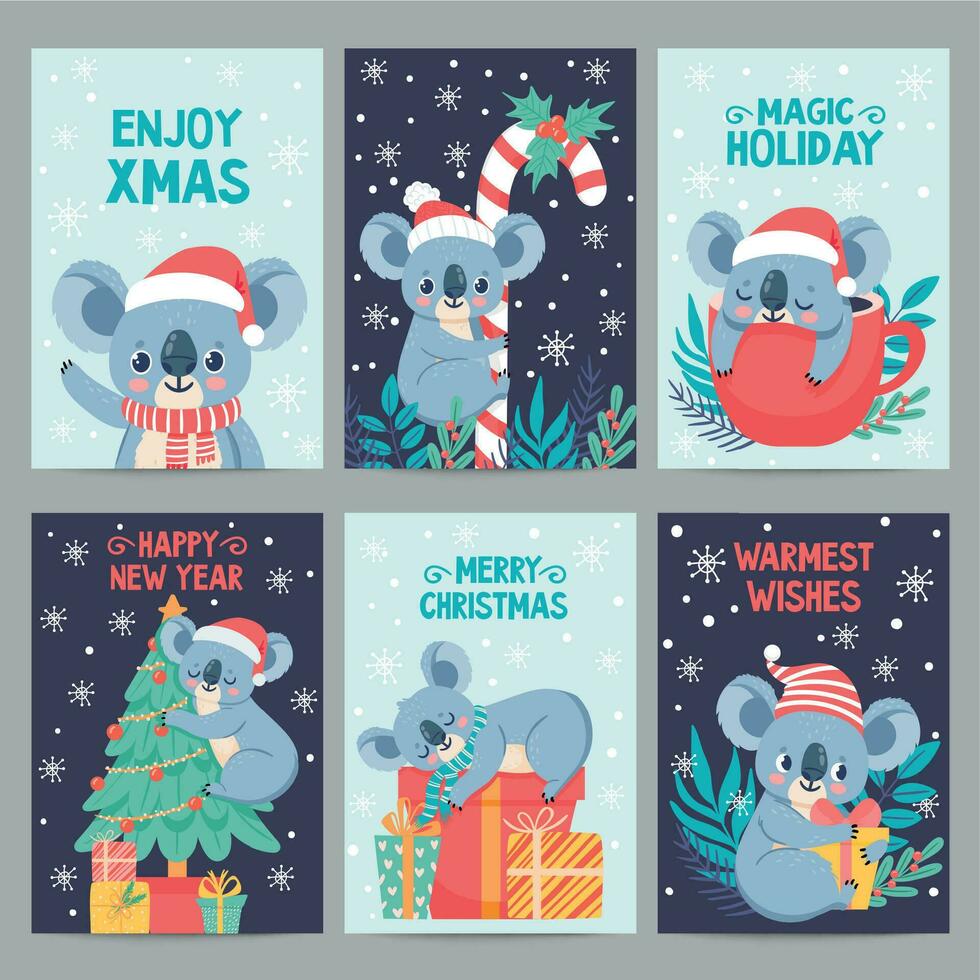Koala christmas. Happy animals with gift boxes. Cute merry christmas cards with koalas. Little australian bear in winter holiday vector set