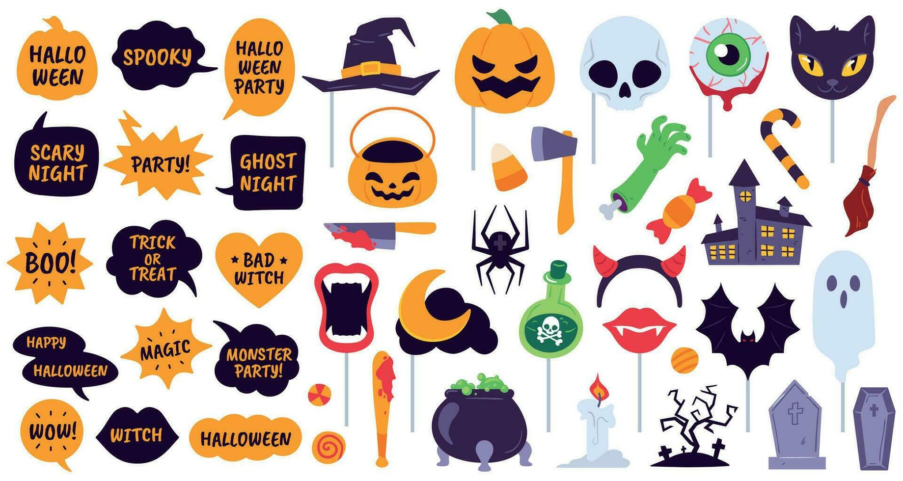 Halloween props. Holiday accessories speech bubbles with phrases, pumpkin, skull and devil hat. Spider, ghost and bat, broom vector icons