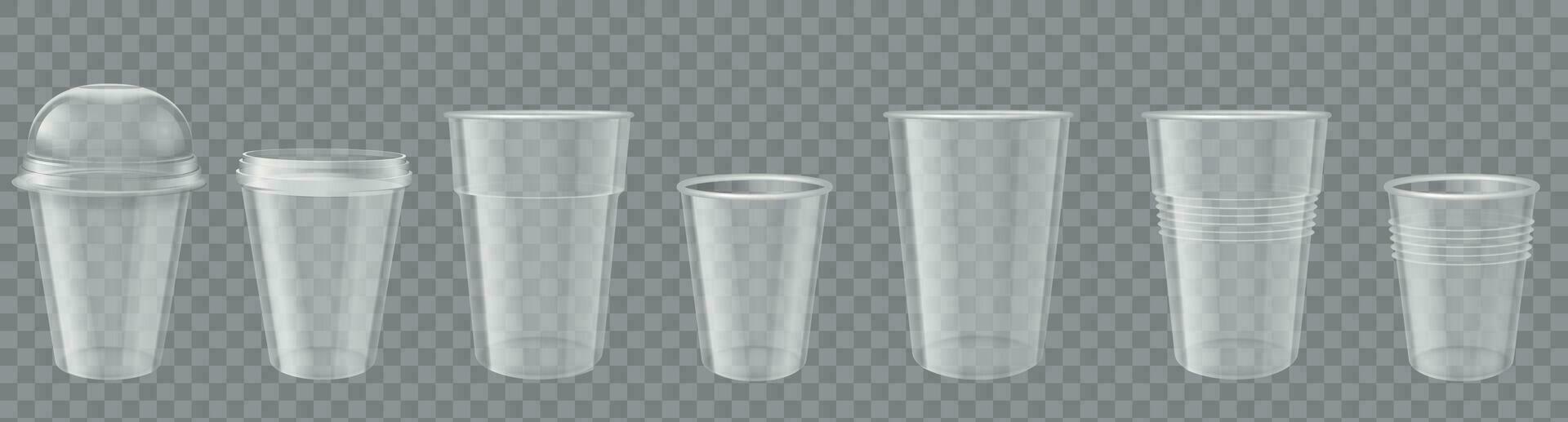 Plastic cup. Realistic transparent disposable cups with cap. Empty drink containers mockup. Packages for coffee or cold beverage vector set