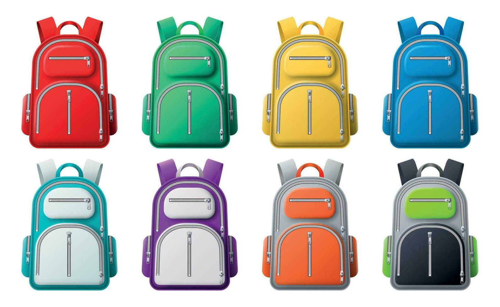 Color sport backpack mockup. Different colored backpacks, bags for travel, sport or school clothes and shoes, realistic 3d vector set