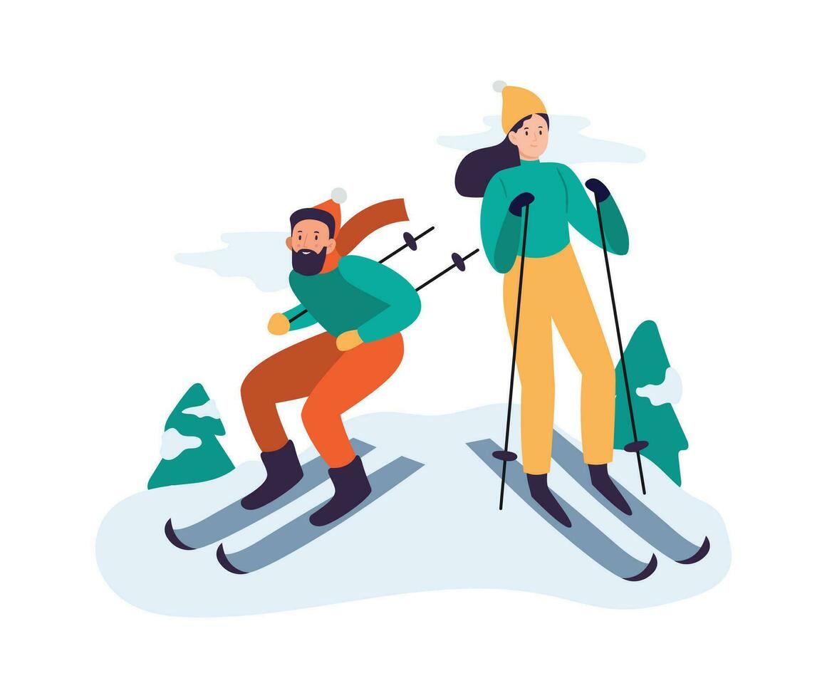 Winter activities. People skiing. Couple spending time together actively outdoor, having leisure with equipment vector