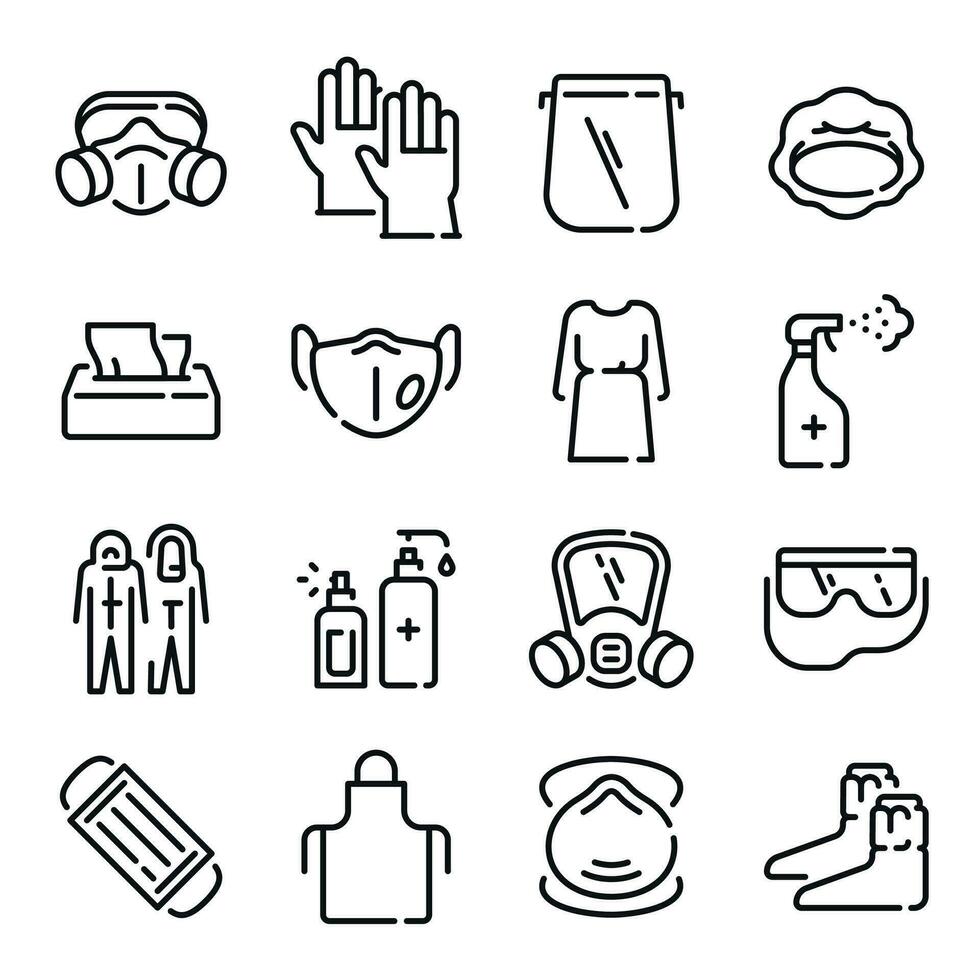 Ppe line icons. Medical covid-19 protection equipments. Outline doctor gown, face mask and shield, hair cover, apron and goggles. Vector set