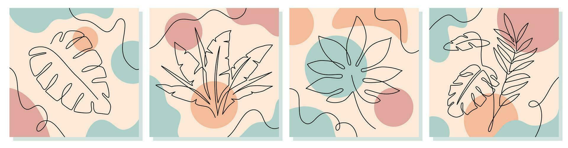 uno línea hojas. tropical exótico plantas con continuo línea hoja y de moda orgánico formas de pastel colores vector resumen garabatear carteles