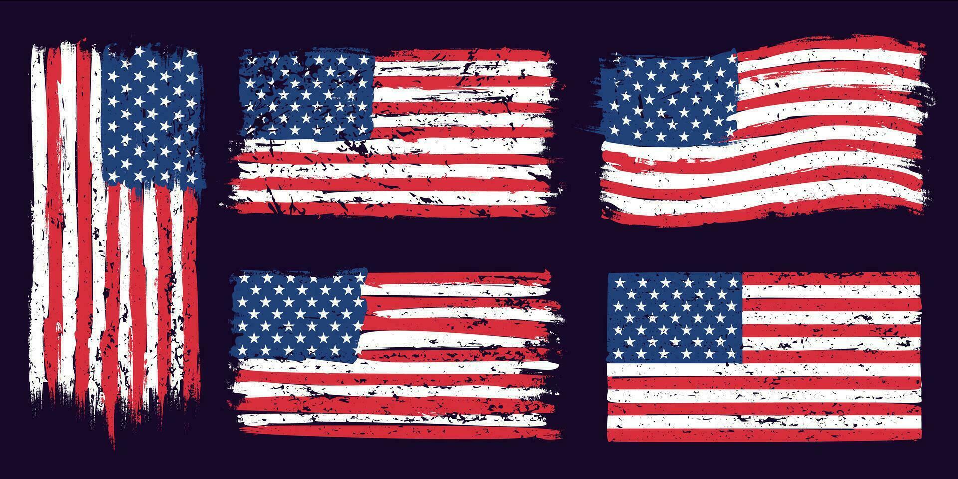 USA american grunge flag. US flags graphic design with stars and stripes and grunge texture. T-shirt print, wallpaper design vector set