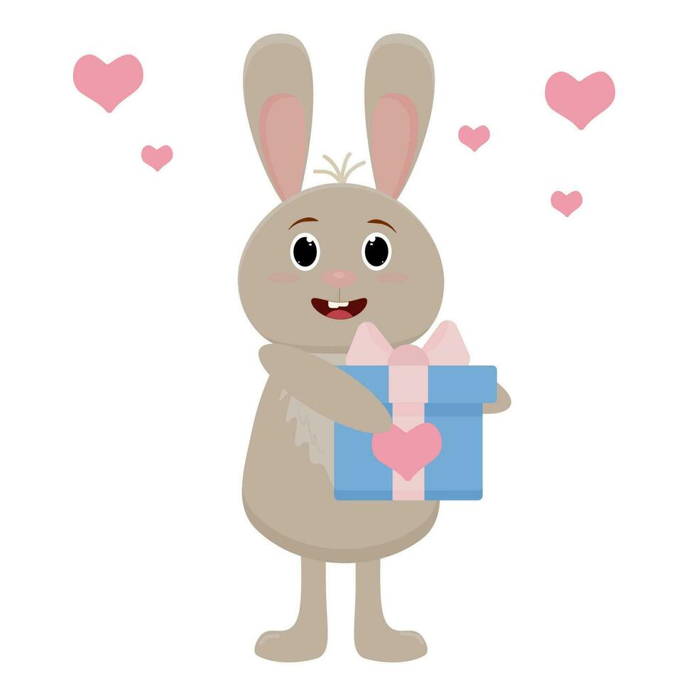 Cute cartoon rabbit holds a gift with hearts. Vector. vector
