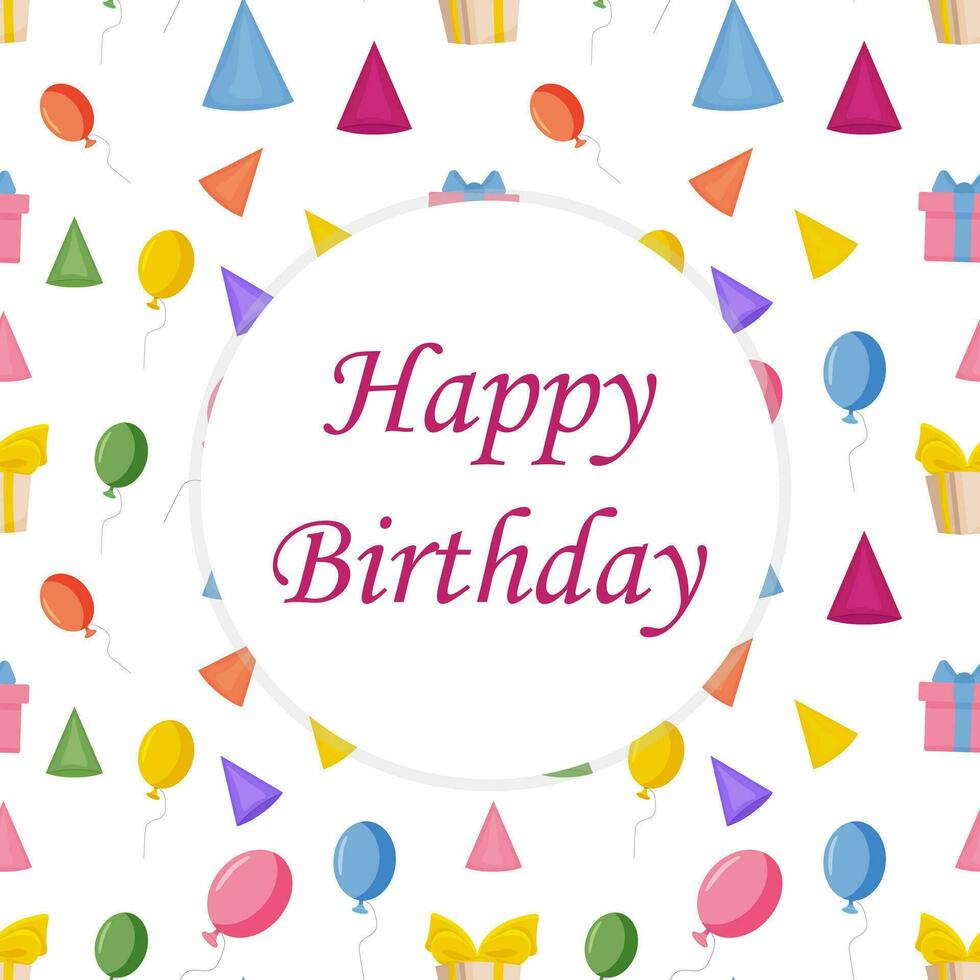 Vector design of a greeting card. Balloons, gifts, hats. A birthday card. Vector illustration.