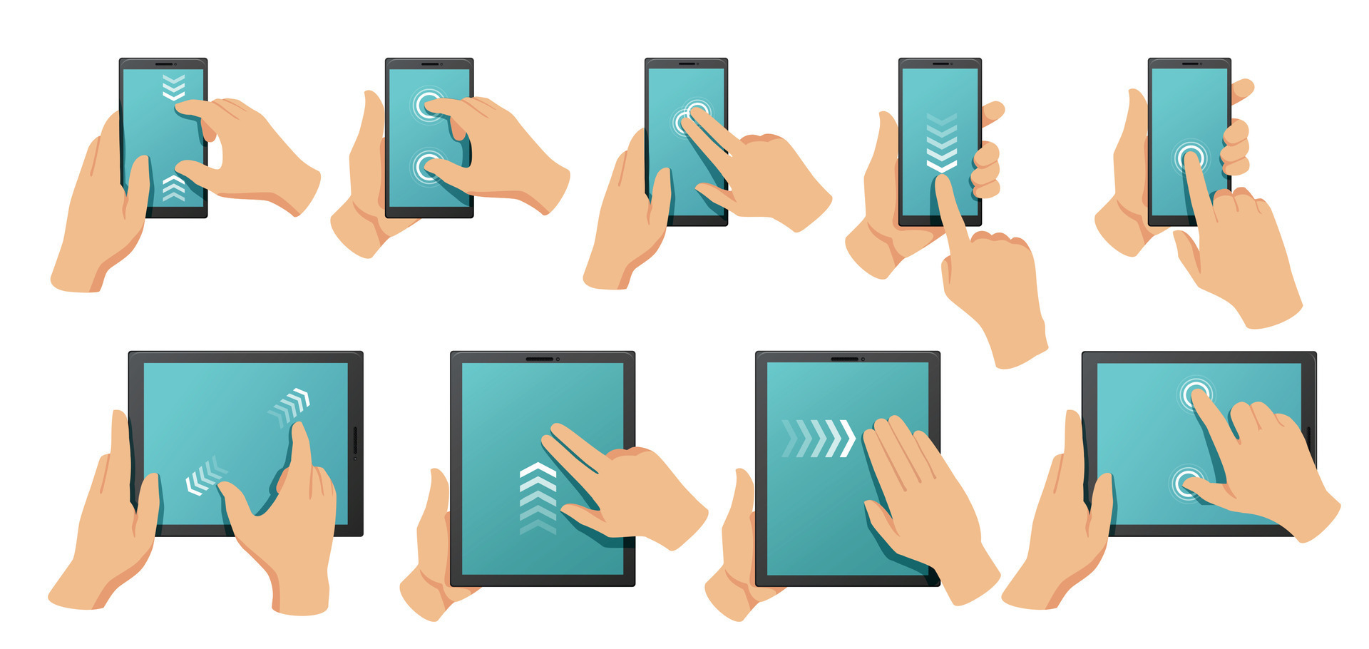 Touchscreen gestures. Hands on smartphone and tablet multi touch screen