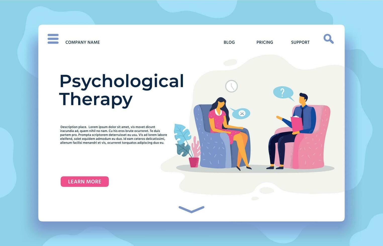 Psychological therapy landing page, depression character and psychotherapist support vector