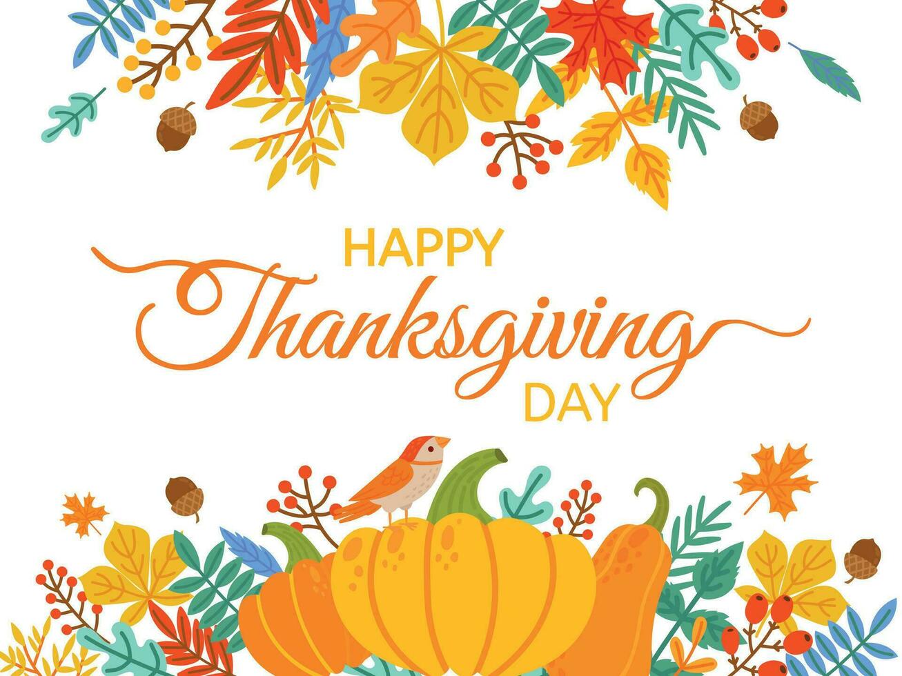 Thanksgiving Day. Hand drawn Happy Thanksgiving cover with lettering and holiday elements fall yellow leaves and berries vector background