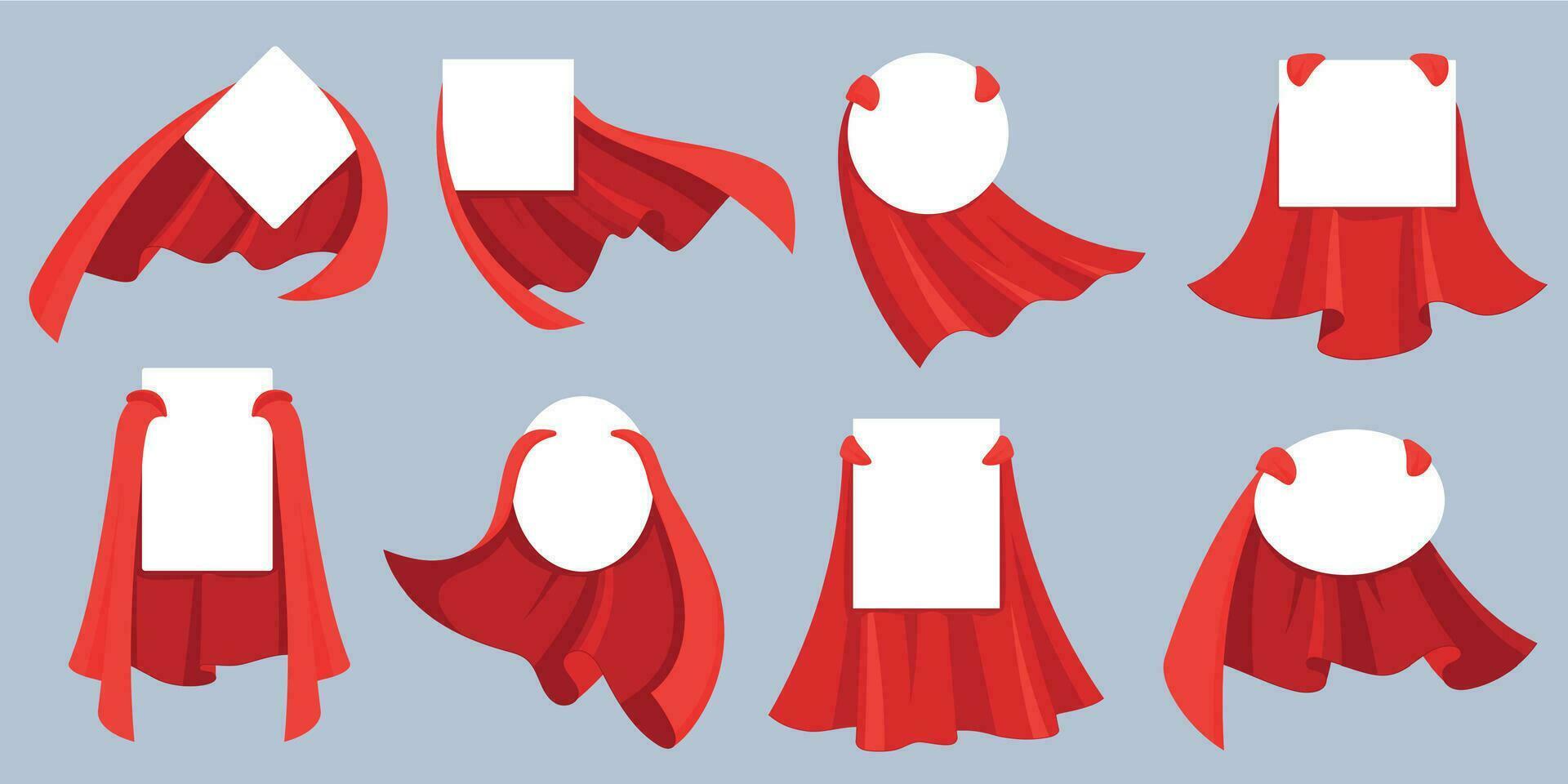 Red hero cape label. White empty badges with super hero, power man cloak. Cartoon vector mockup for kids product advertising