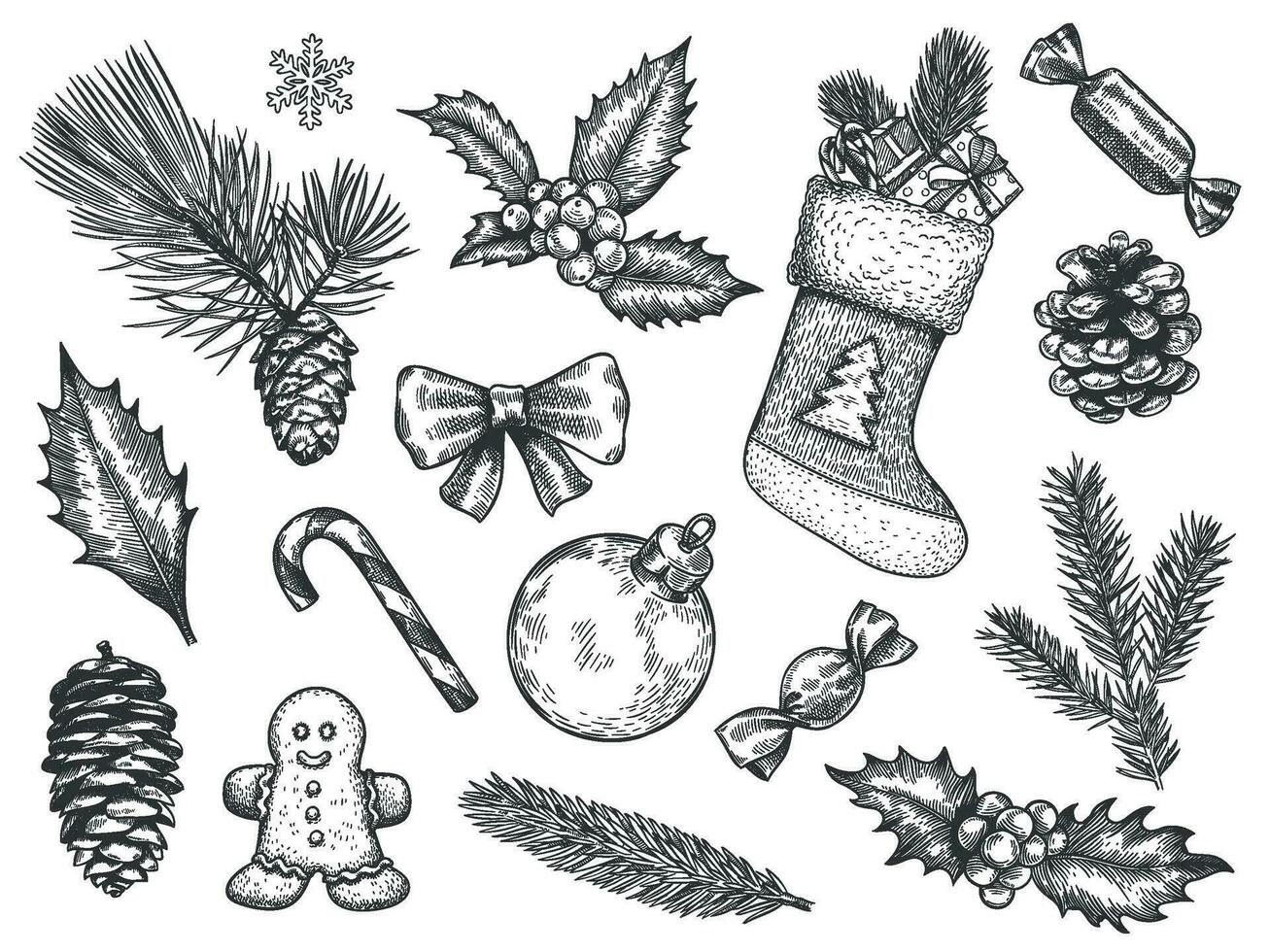 Sketch decoration xmas set. Christmas and happy new year symbols. Sock and gift, gingerbread, holly fir branches, pine cone vector elements