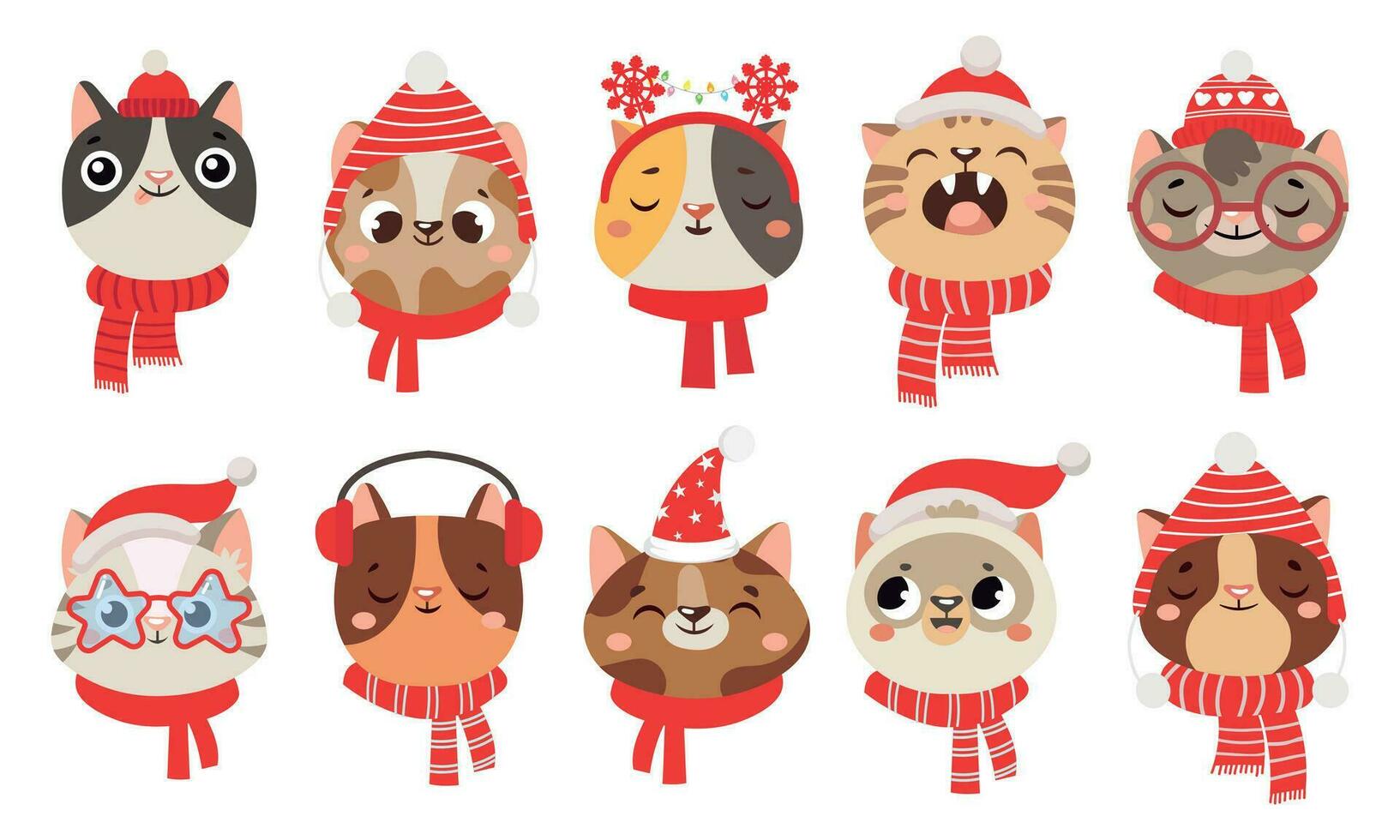 Winter cats in scarf and hat. Cute pet wearing Christmas accessory as earmuffs and party santa hats, kittens vector