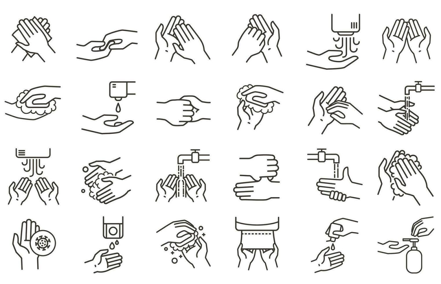 Hand washing and disinfection icons. Hands sanitizer, rub with soap and germs protection. Clean hands line icon for bathroom vector illustration set