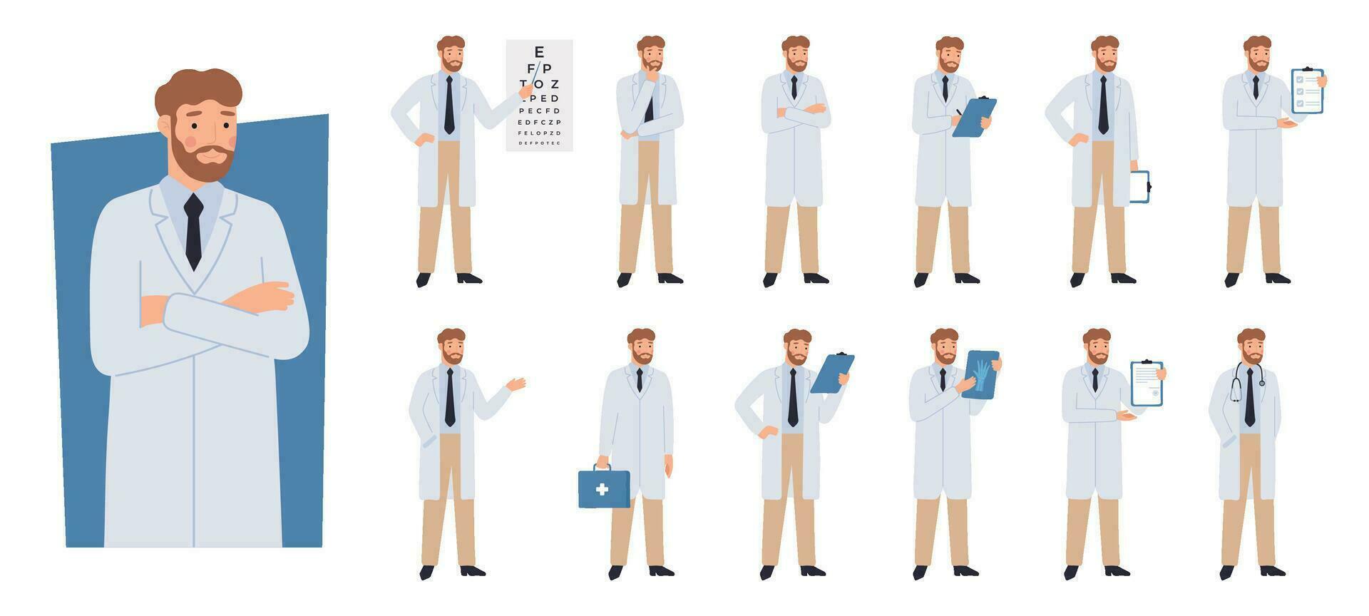 Doctor character in different poses. Doctors checklist, eye test and health care professional, radiologist and therapist vector set