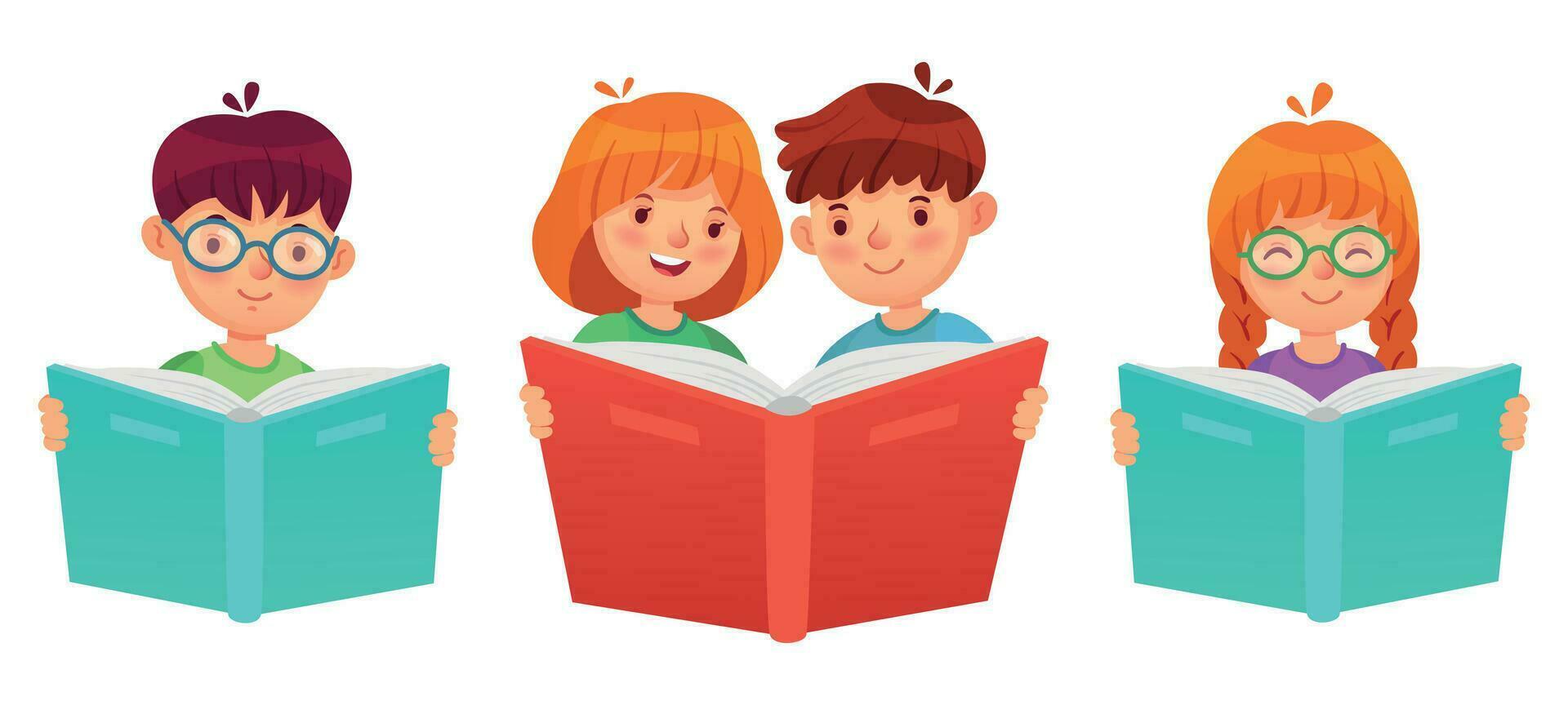 niños leyendo libro. educación chico niña ilustración vector