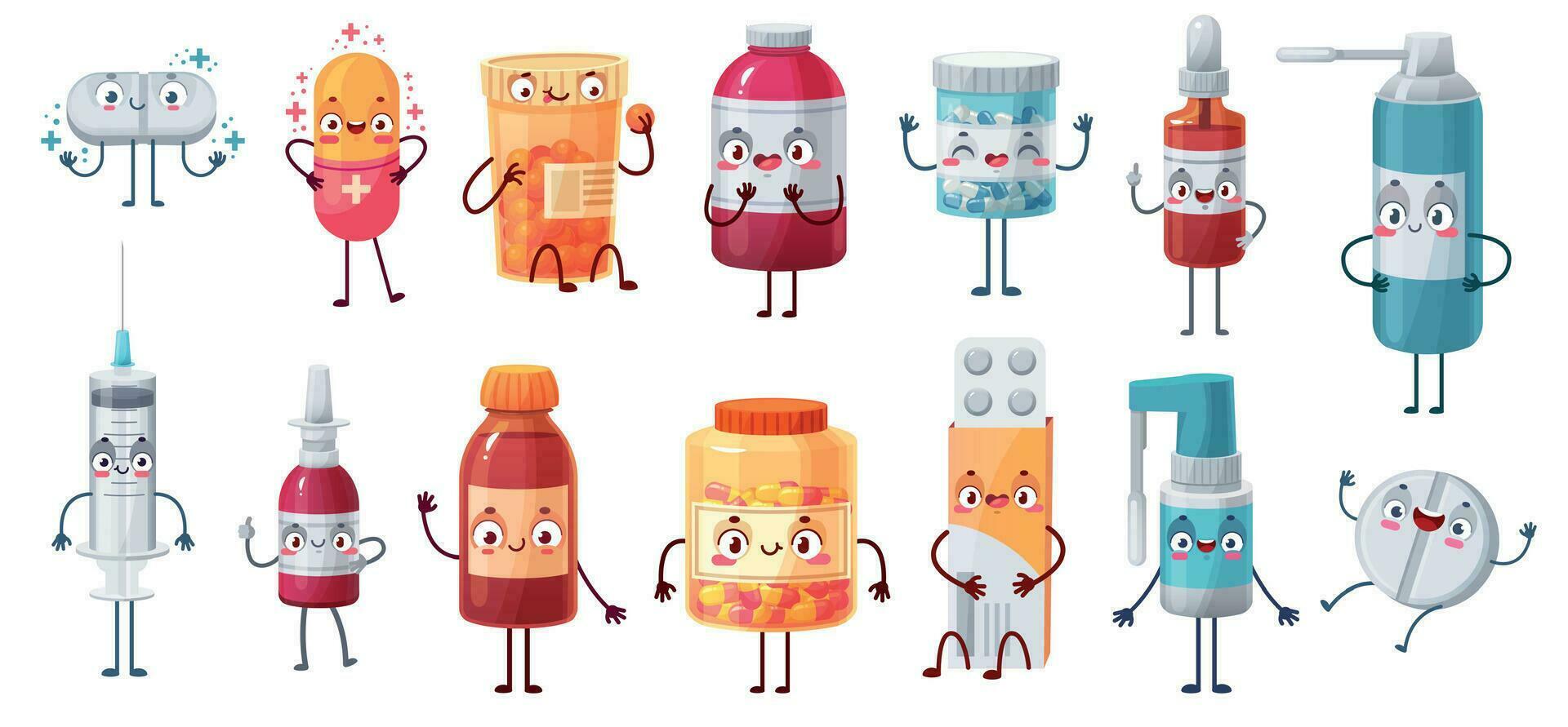 Cartoon medicine mascot. Cute happy pills characters kill bacteria and virus. Capsules, tablets in blister, pill and painkiller vector drugs