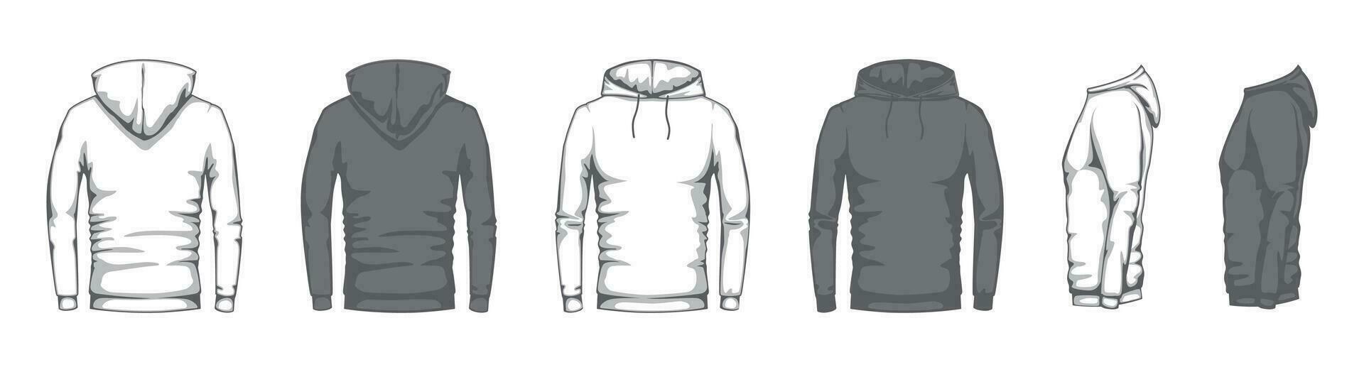 Hoodie mockup. Trendy casual clothes unisex sport merchandise, blank front back side sweatshirt hooded oversized style flat vector set