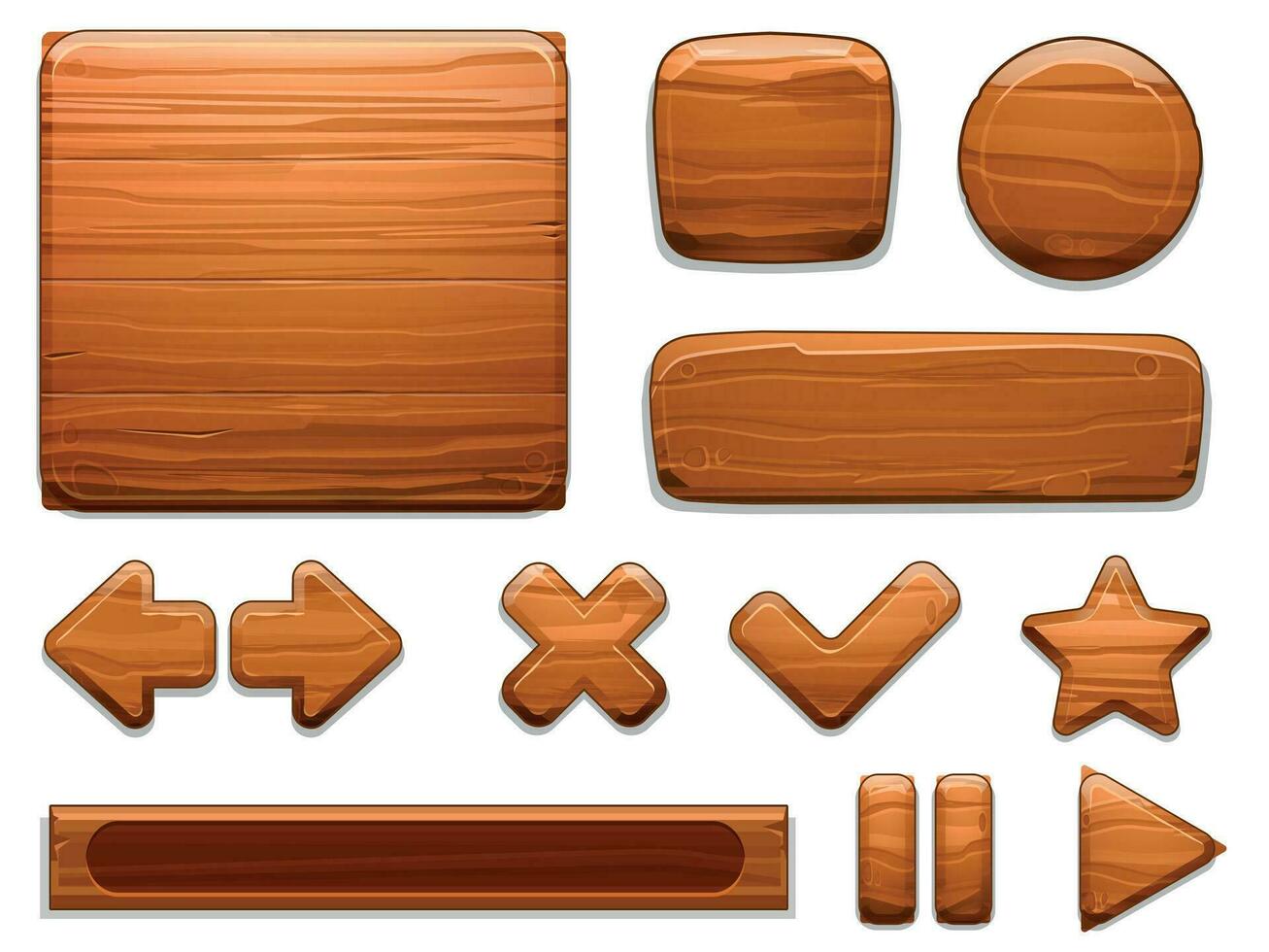 Wooden UI. Wood textured plate frame, cartoon banner panel and game buttons. Arrow, star and play stop button vector illustration set