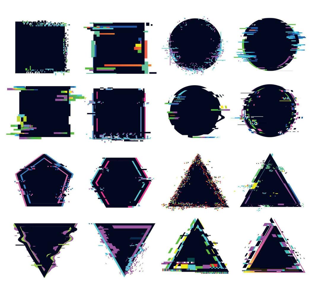 Glitch black frames of different shape. Distorted signal, square and round, triangle and polygonal figures vector