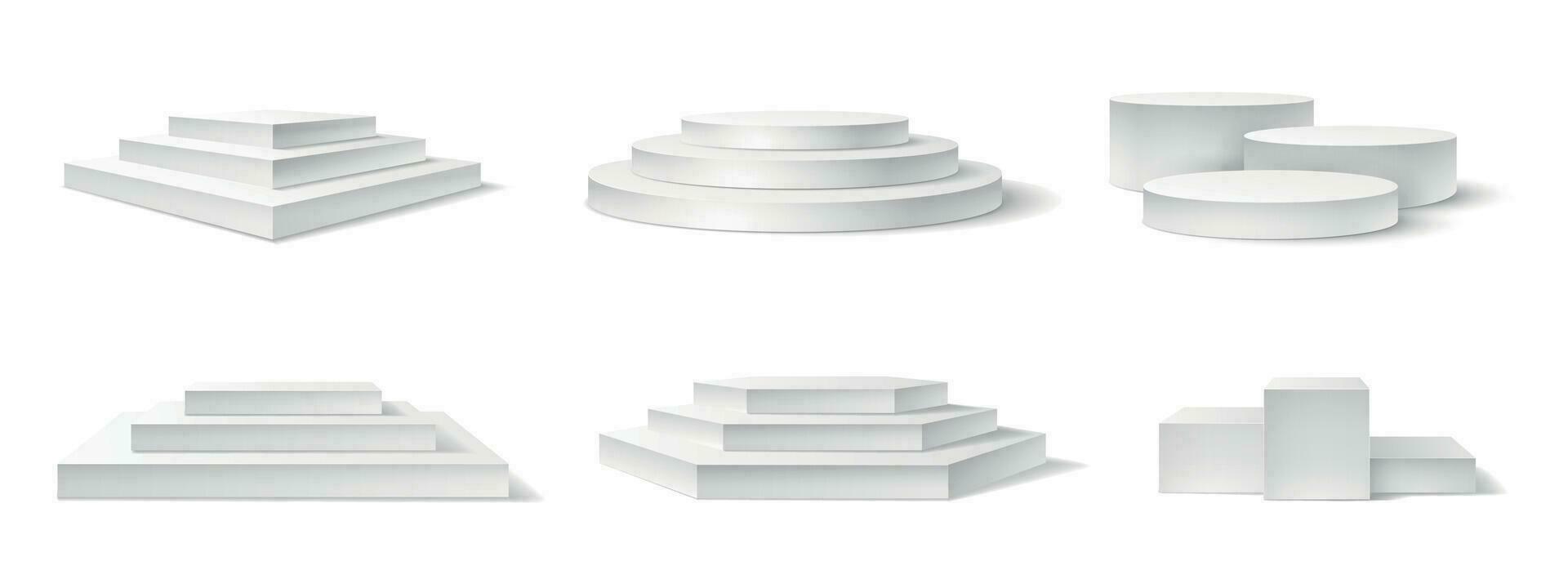 Realistic podium. White 3d empty podiums, pedestal and platform different shapes for award ceremony, concert advertising product vector set