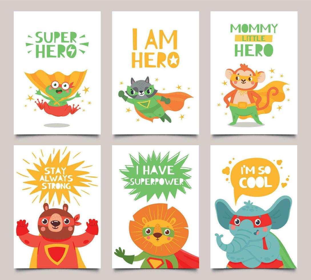 héroe animales tarjetas linda y divertido niños súper héroe animales con capas, mascaras y letras saludo citas, dibujos animados vector niños carteles conjunto