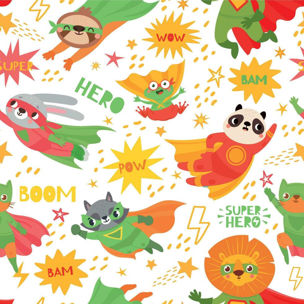Hero animals. Superheroes animal kids with capes and masks, brave animal illustration for textile or kids wallpaper seamless vector pattern.