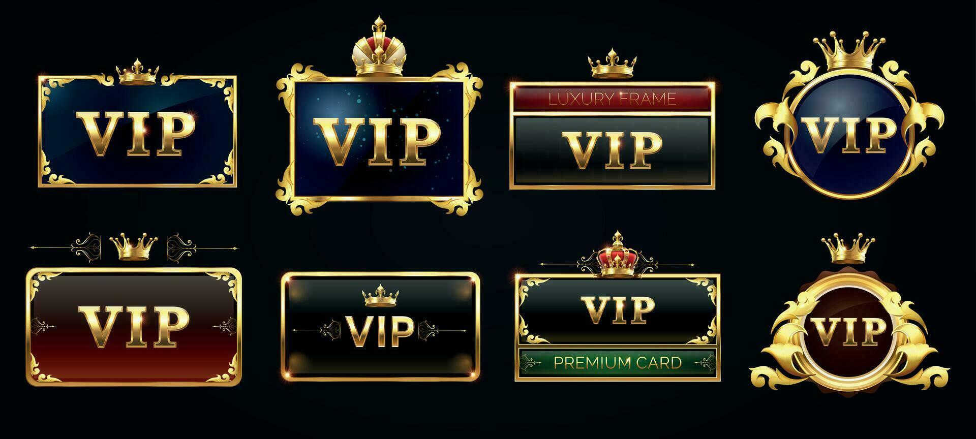 Vip frames, black label with golden glowing border with crown on top set. Dark premium template design. vector