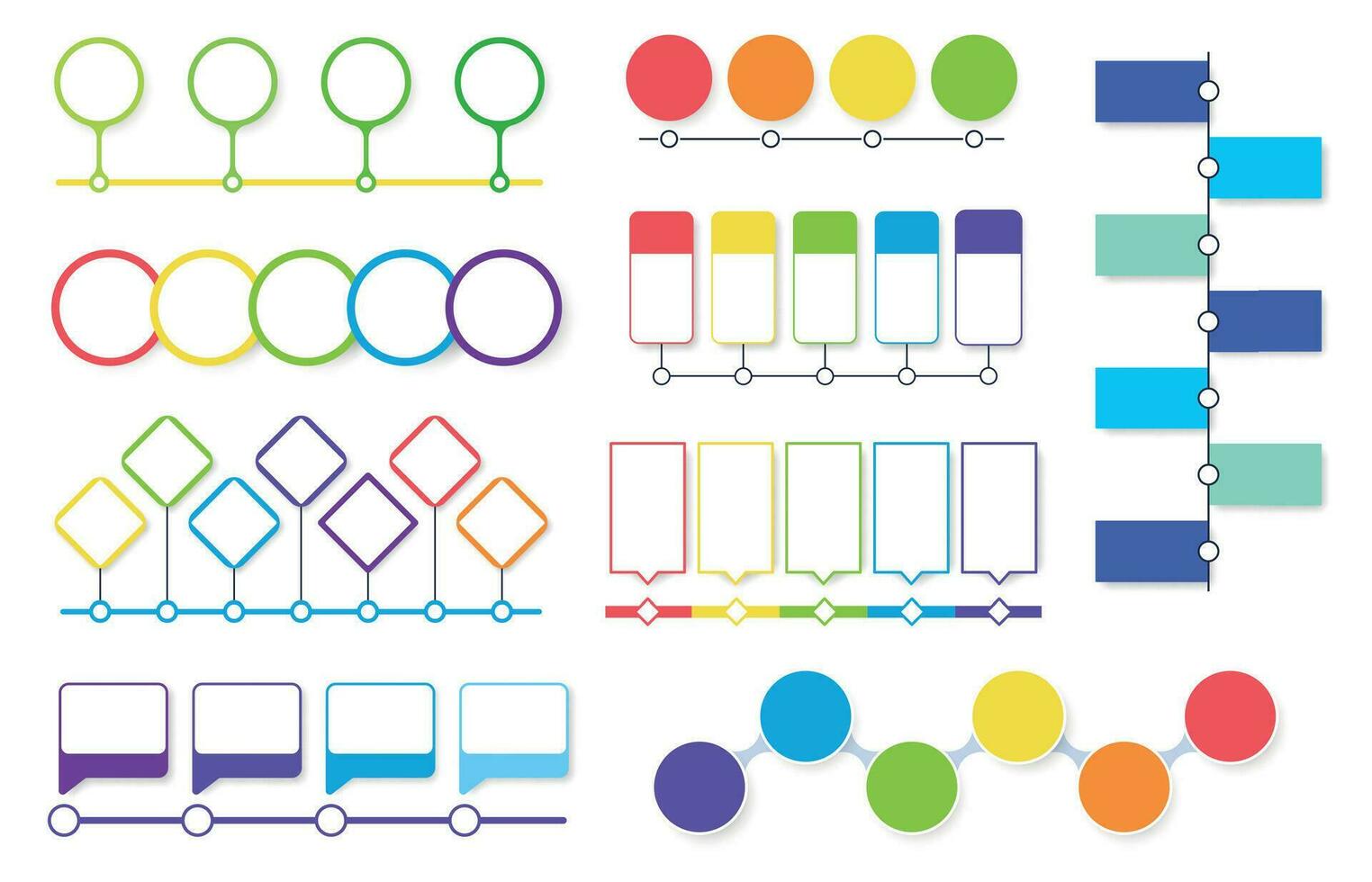 Timeline flowchart. Workflow annual marketing diagrams, project process charts. Schedule graphs, business infographics vector template set.