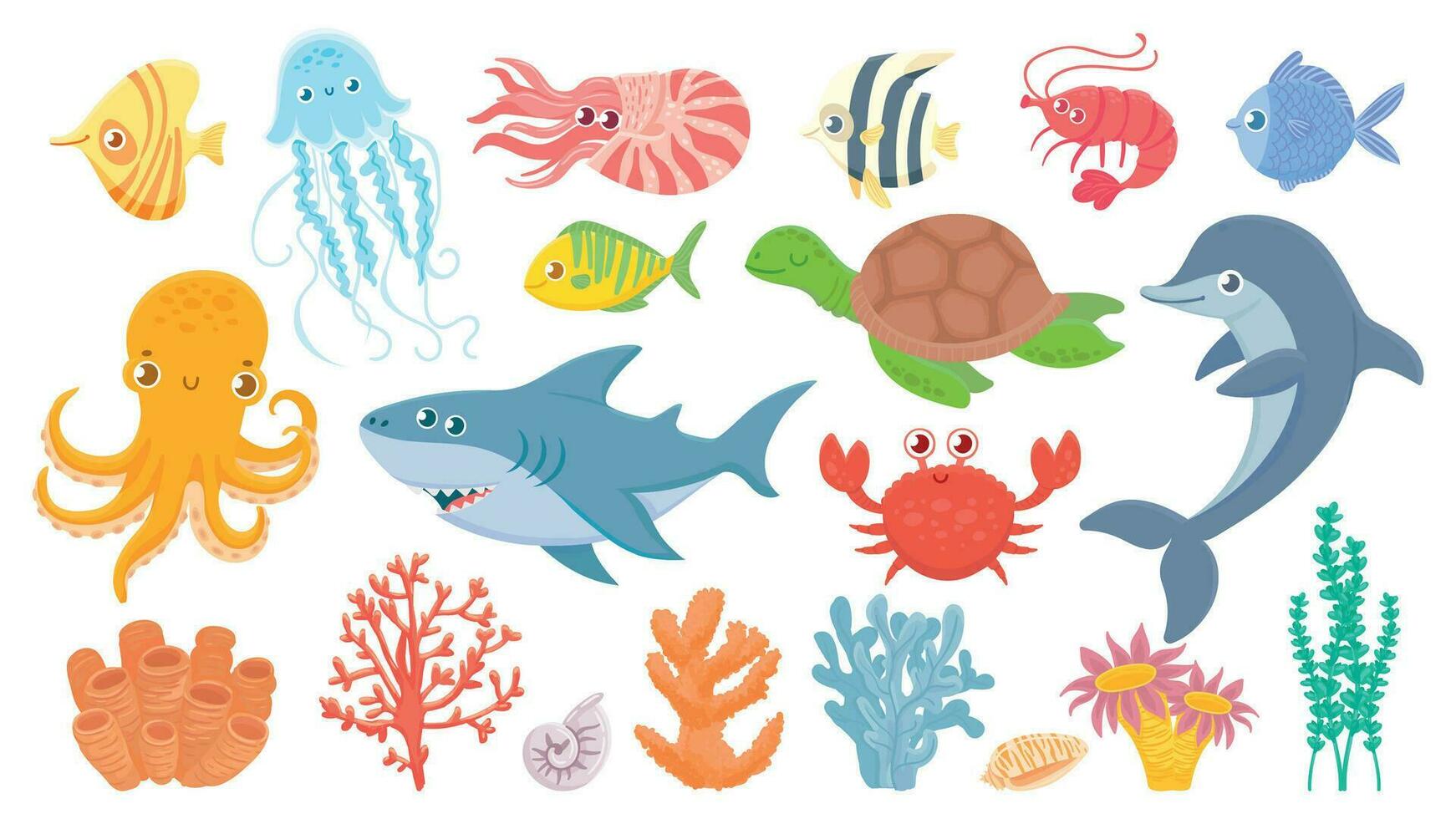 dibujos animados mar vida. linda mar pez, acuático corales, Medusa y pulpo. gracioso tiburón y delfín. Oceano cangrejo, mar Tortuga y camarón vector ilustración conjunto