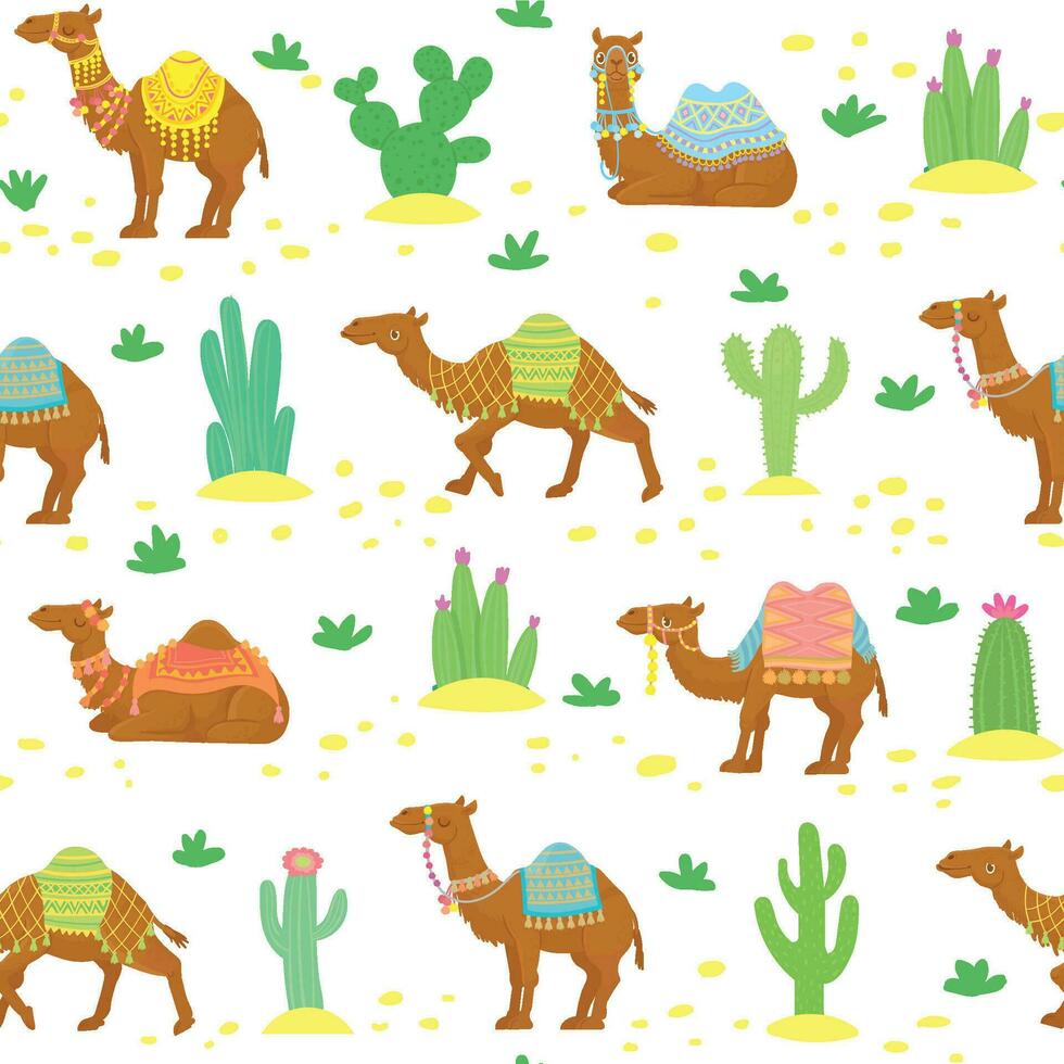 camello sin costura modelo. linda dibujos animados Desierto camellos entre cactus egipcio étnico vector fondo de pantalla textura