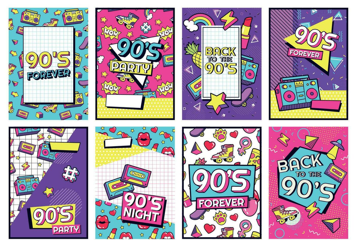 Retro 90s poster. Nineties forever, funky 1990s music night party posters and pop flyer card vector set