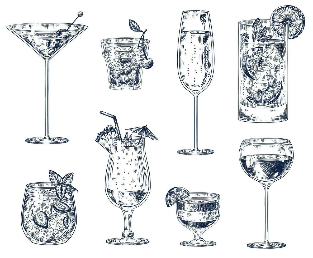 Hand drawn cocktails. Sketch alcohol drinks in glasses. Cherry cocktail, champagne and pina colada, strawberry mojito, wine vector set