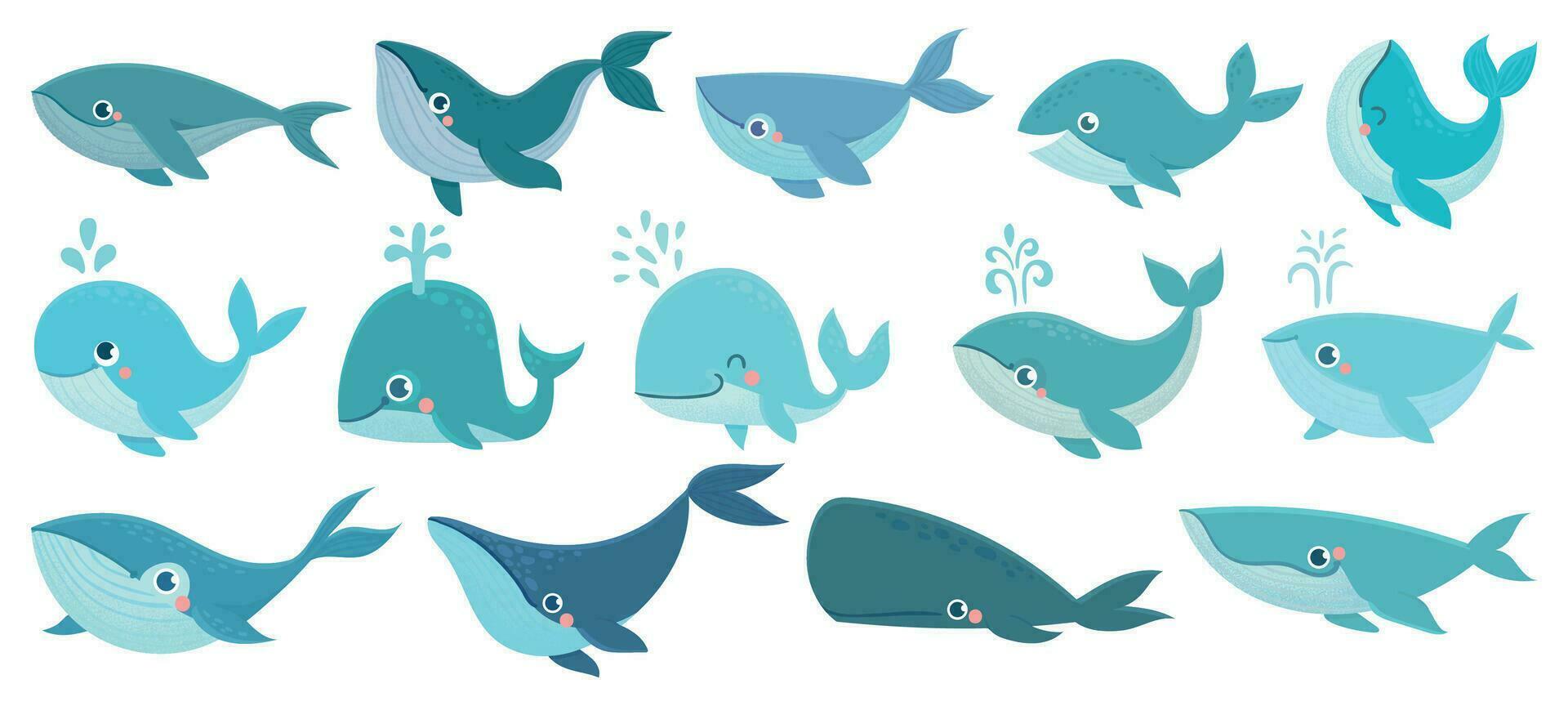 Cute whales. Marine life animals, underwater blue whales, childrens icons for stickers, baby shower, books. Simple cartoon vector set