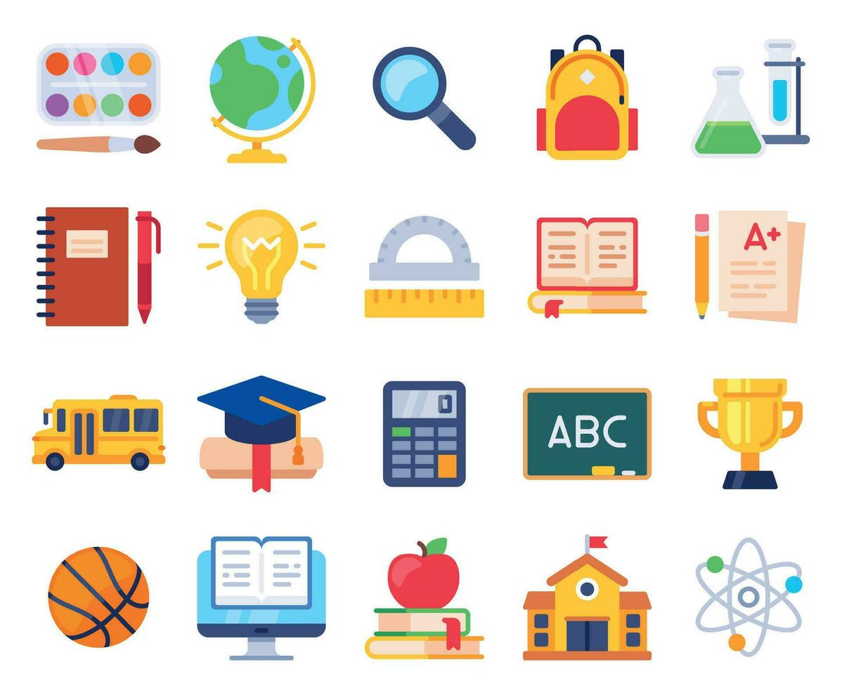 School icons. Education process students elementary study, pupil, note, pencil and book. Computer, ruler, school building vector set