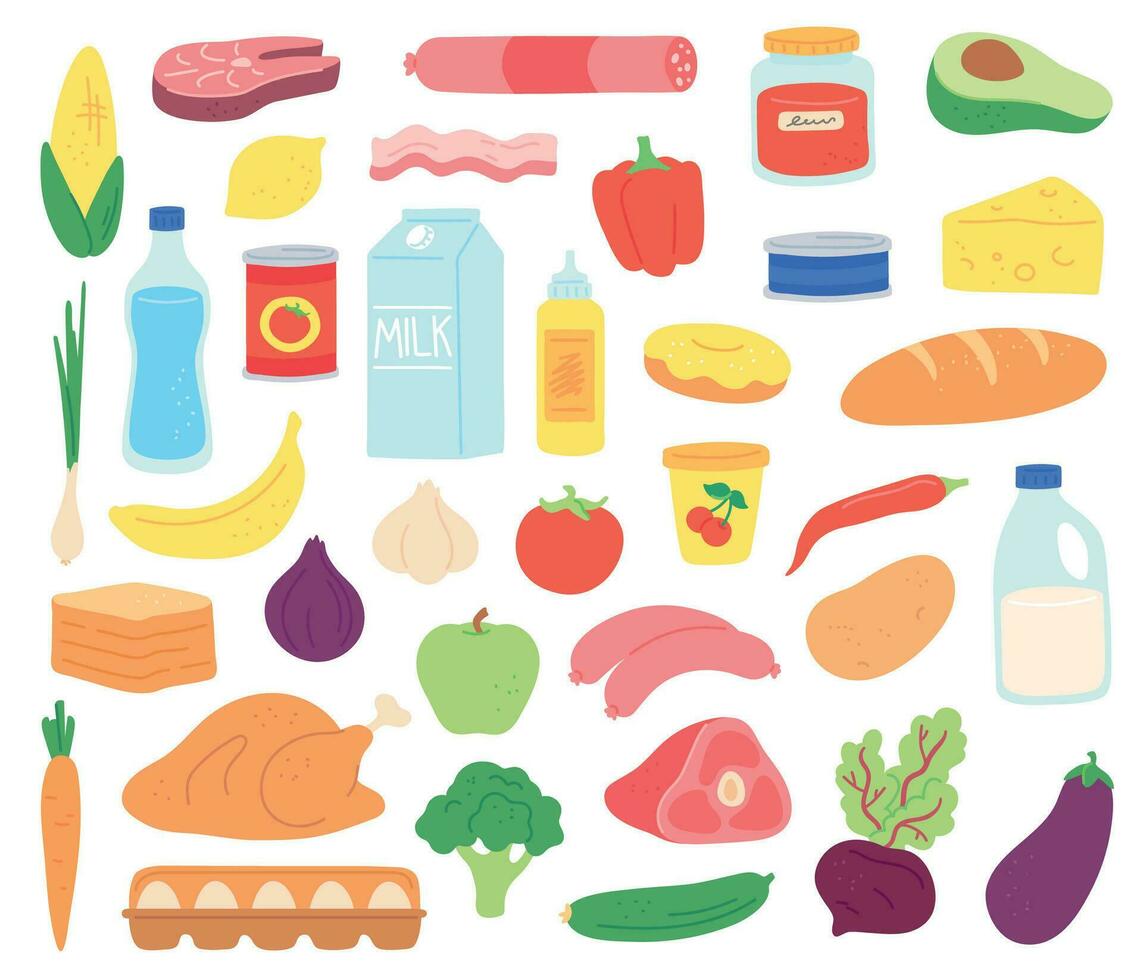 Food products. Natural meat, dairy, organic fruits and vegetables, desserts and bread. Supermarket goods in package and can, flat vector set