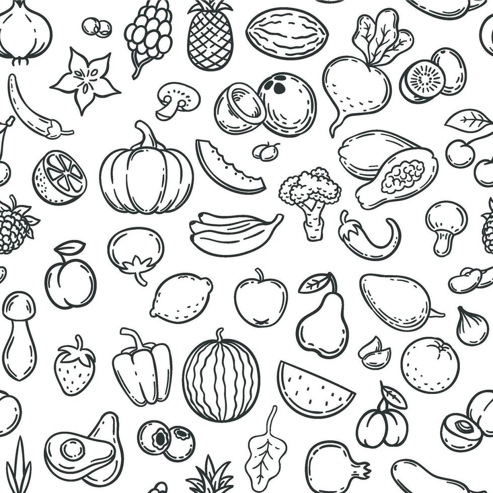 Vegetables and fruits. Hand drawn contour fruit and vegetable icons, vegan lifestyle, healthy organic food, doodle vector seamless pattern