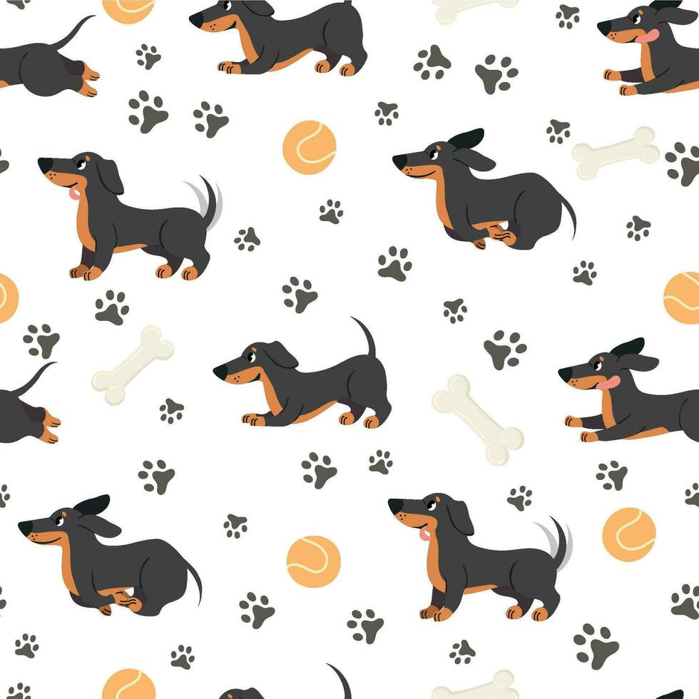 Dachshund seamless pattern. Adorable pets, funny dog long bodied breed, print for wrapping paper, textiles, wallpaper trendy vector texture